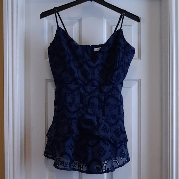 Chicways Navy Blue Eyelet Embroidered Tiered Mini Dress  Size Large - Picture 2 of 6